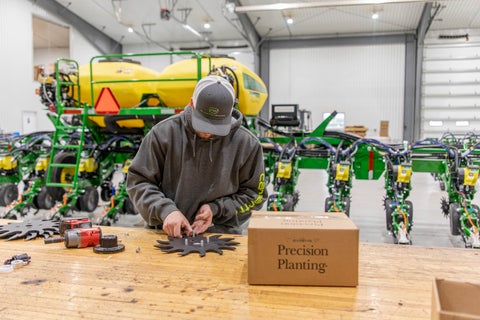 A Premier Dealer installs Precision Planting upgrades on a John Deere planter.