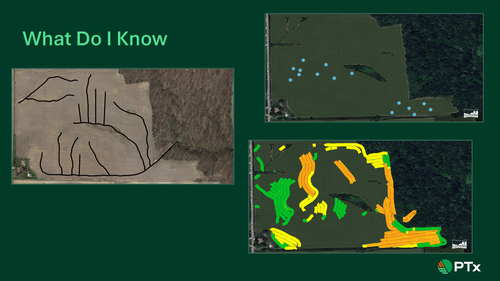 Slide showing data layer comparisons using wet spot locations and replant maps to reveal moisture patterns when considering field tile.