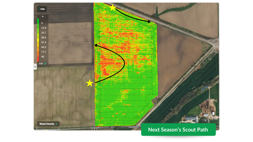 New scout path using the data gained from the weed density map created by the SymphonyVision system. 