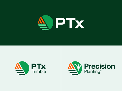 PTx logo with field orange and green field rows symbol above Precision Planting logo and PTx Trimble logo