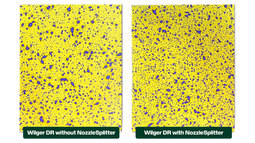 Comparison of Wilger DR nozzle without NozzleSplitter vs Wilger DR nozzle with NozzleSplitter.