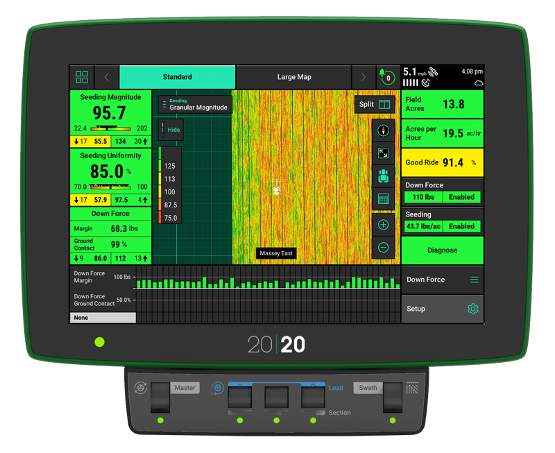20|20 Precision Planting monitor showing air seeder magnitude and uniformity.