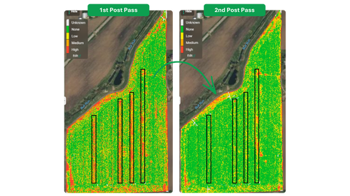 Weed severity maps showing the impact of the residual applied at planting was still prevalent at the second post pass.