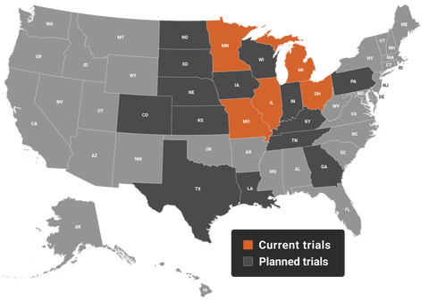 Map of the United States with states with current crop response studies in orange and planned in dark gray.