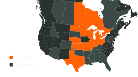 Map of the United States with states with current crop response studies in orange and planned in dark gray.