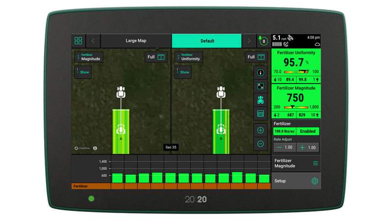 20|20 monitor with live data metrics for dry fertilizer, magnitude and uniformity