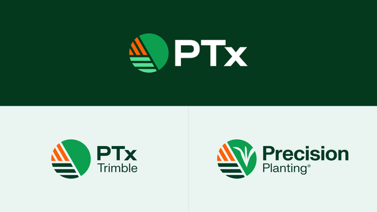 PTx logo on dark green background with Precision Planting and PTx Trimble on light green background below it.