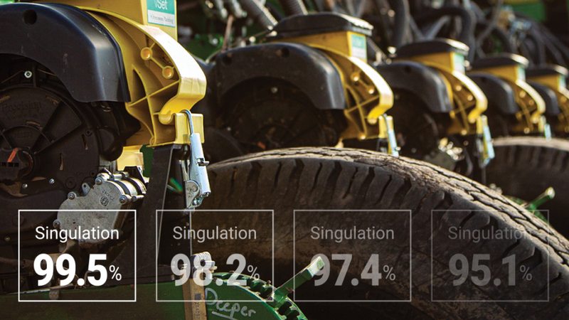 Precision Planting vSet meters on planter rows units with singulation percentages overlaying