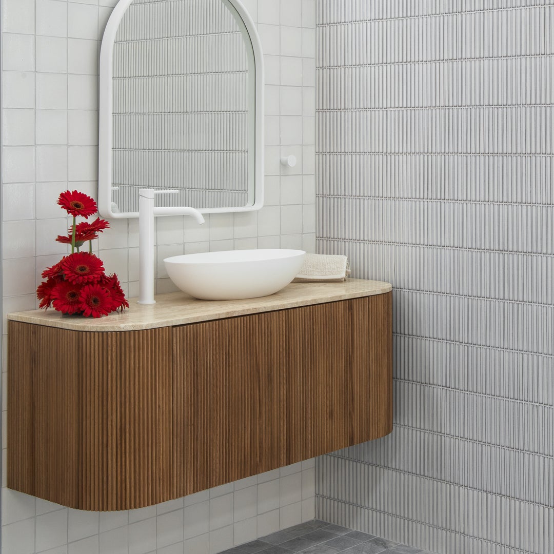 Timber Vanity Rounded Kairi Curved Fluted Vanity 900mm - Oak Timber | ABI Interiors