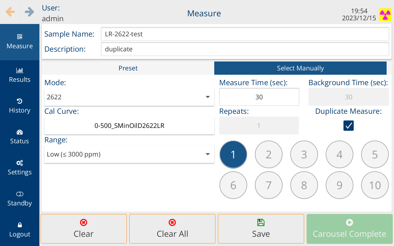 Sindie R Series autosampler measurement screen – D2622 duplicate before saving