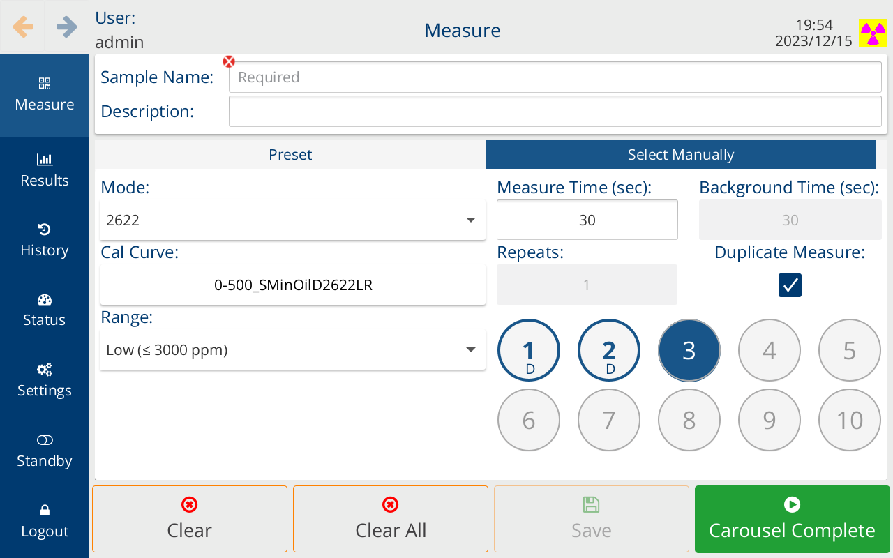 Sindie R Series autosampler measurement screen – D2622 duplicate after saving