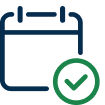 Blue calendar outline with green encircled check mark in bottom right