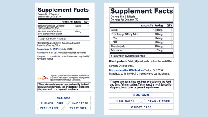 1MD Nutrition's CurcuminMD Plus and KrillMD supplement facts labels
