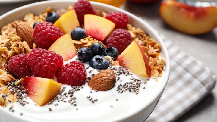 yogurt with fruits, nuts and seeds