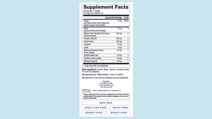 1MD Nutrition's ProstateMD supplement facts label