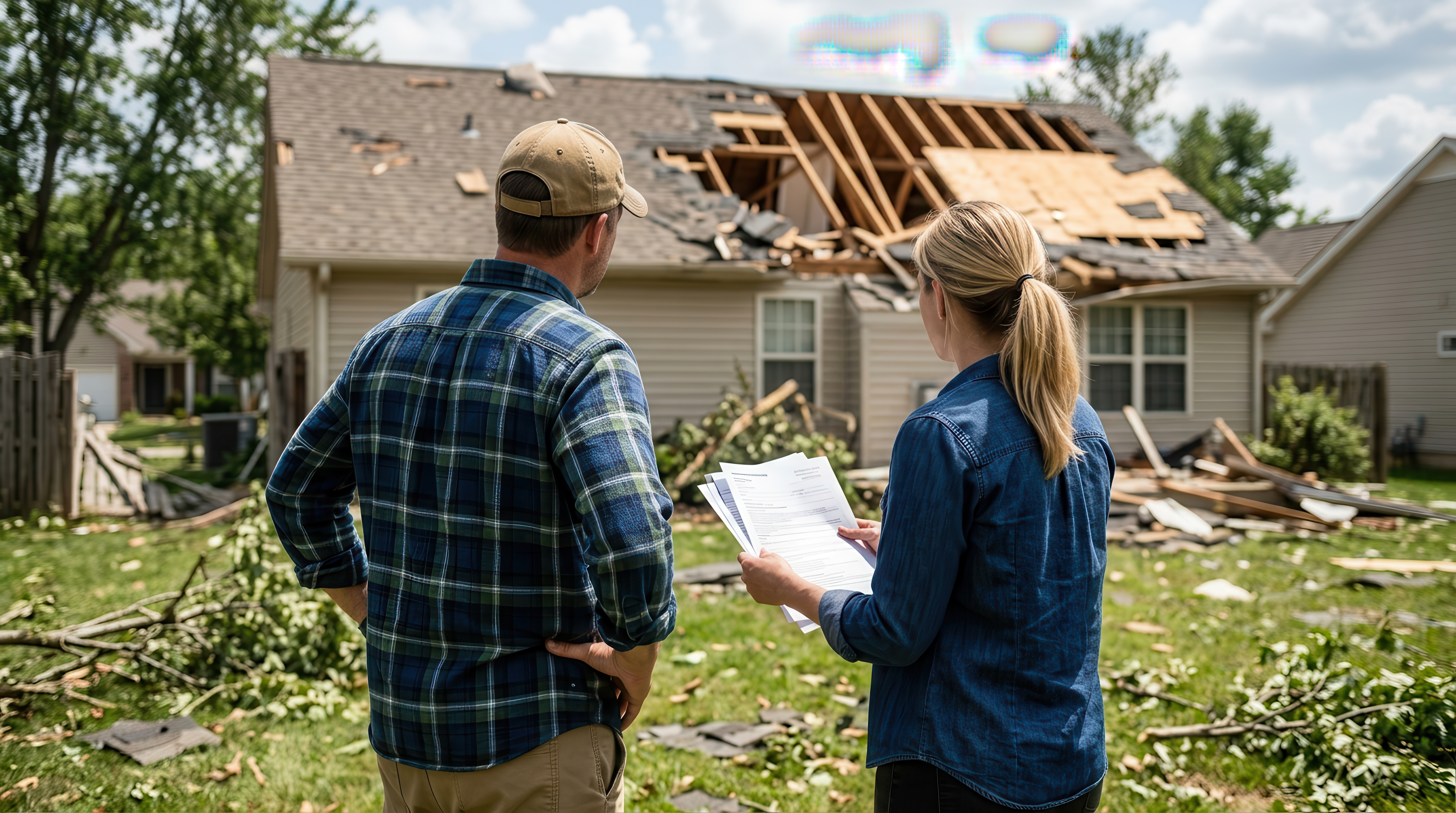 property claims adjuster and homeowner assess damage