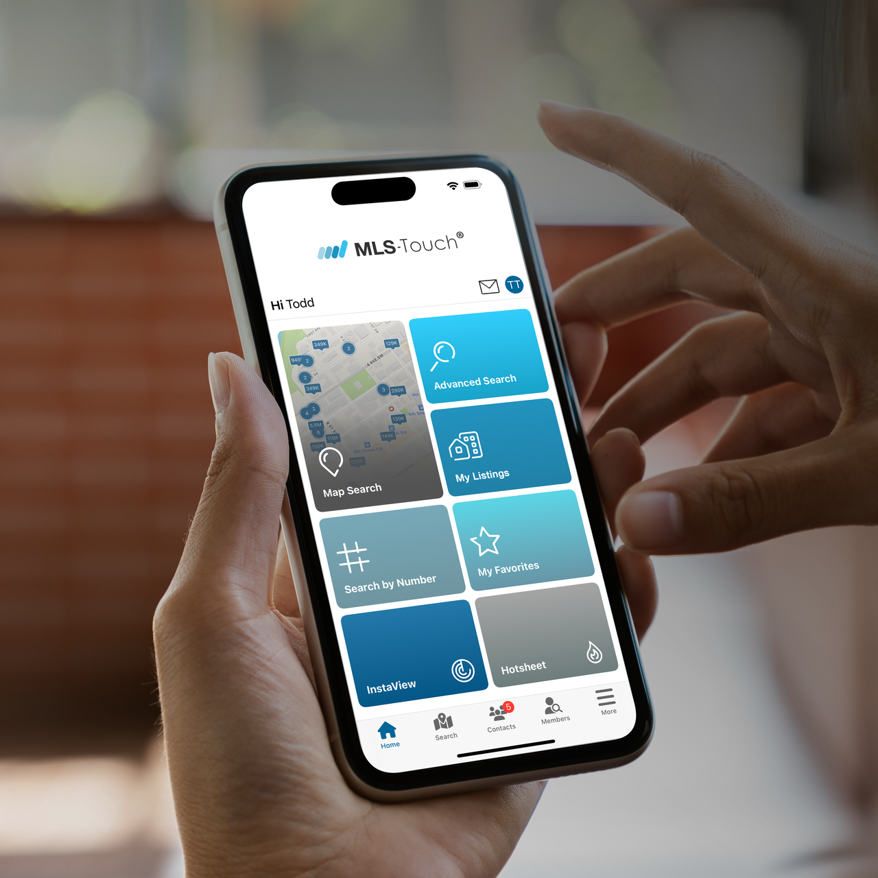 The image depicts a mobile interface of a real estate application, showcasing its search functionality.
