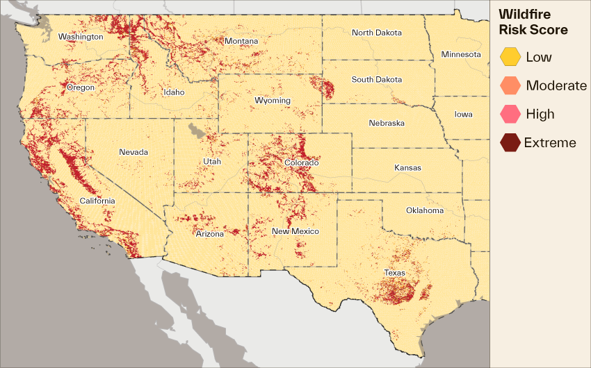map of Cotality Wildfire Risk Score in California 