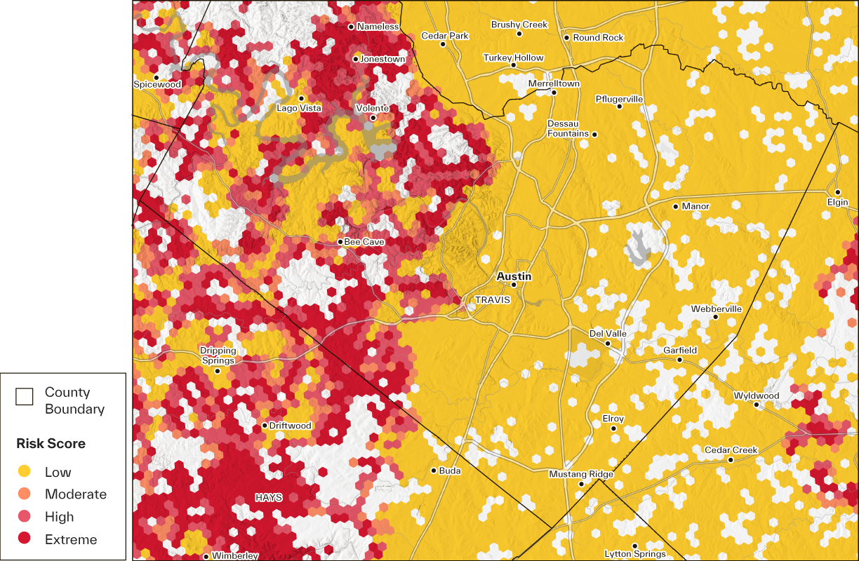 map of residential properties and their wildfire risk score in the Austin, Texas Metropolitan Area 