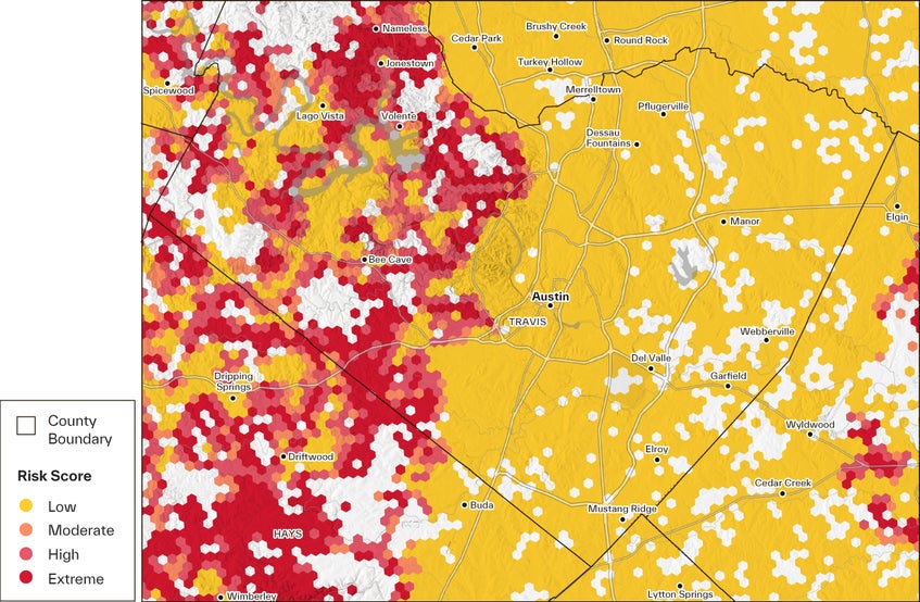 map of residential properties and their wildfire risk score in the Austin, Texas Metropolitan Area