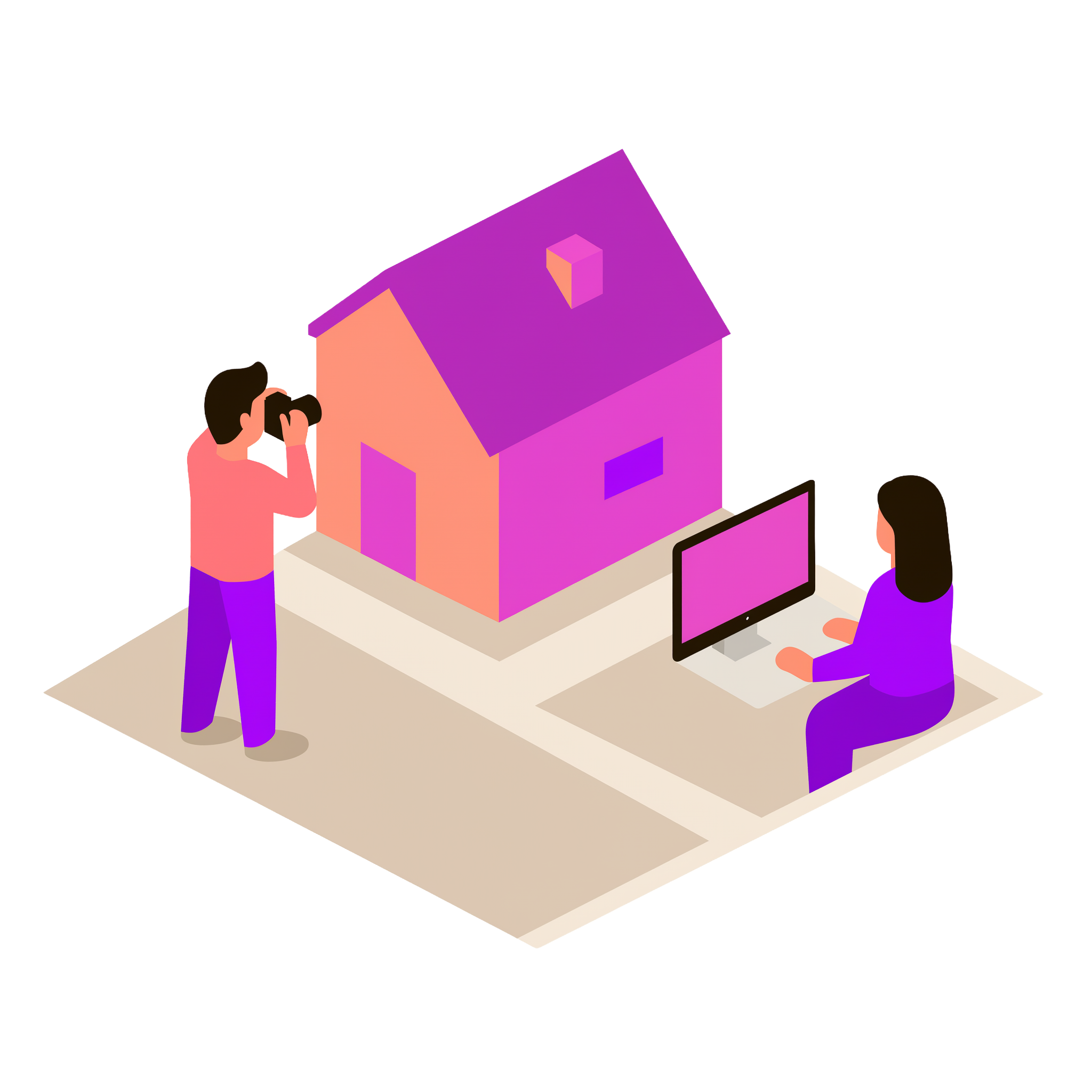 An illustration of a person photographing a house and another person behind a computer.