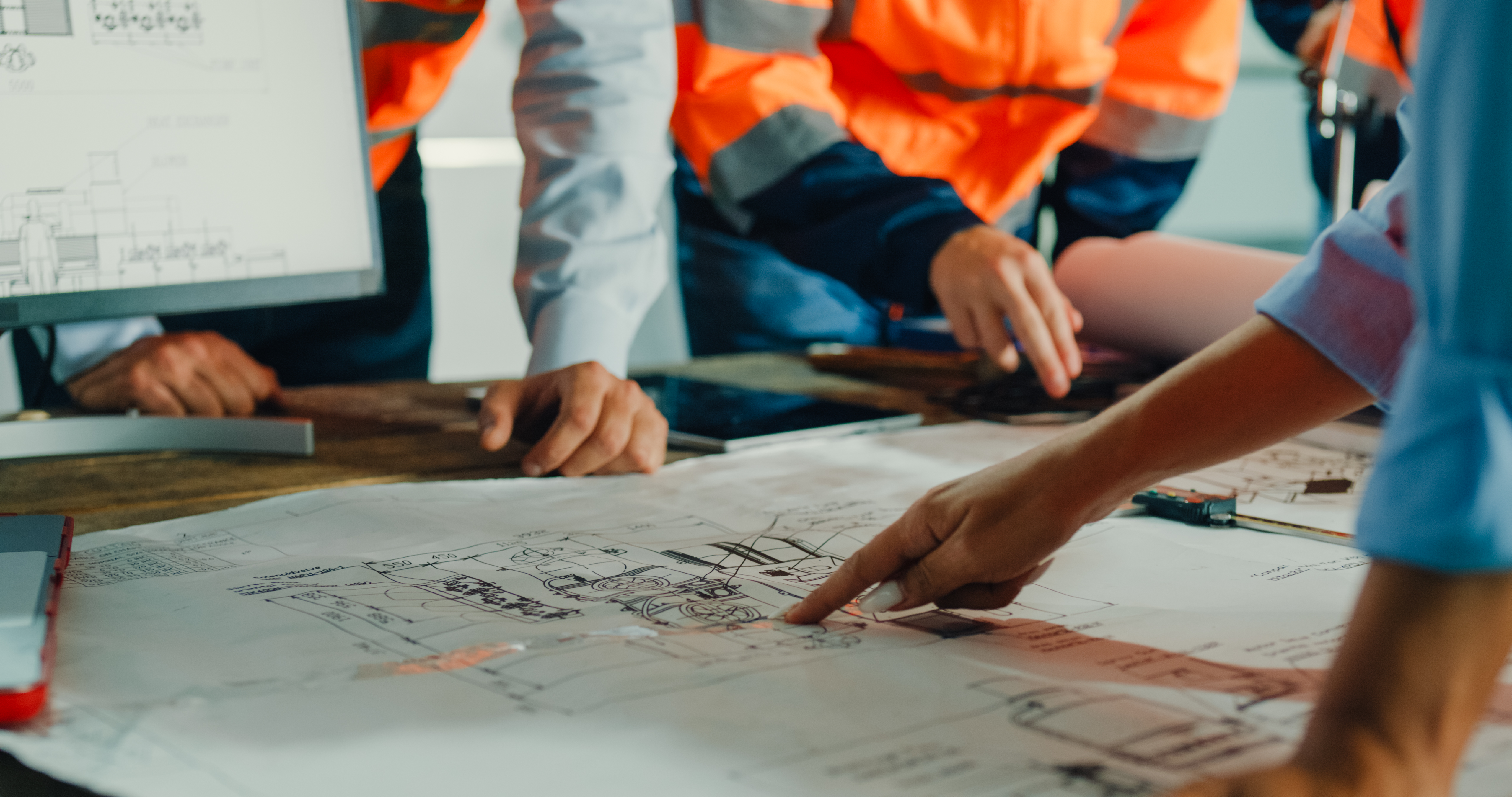 City planners and engineers in safety vests evaluating municipal infrastructure blueprints for community development.