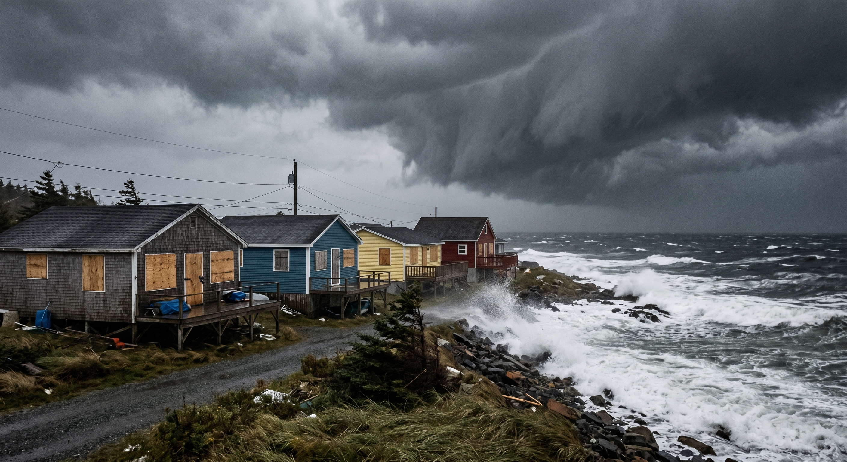 Severe coastal storm waves crashing against beachside homes, highlighting the need for climate resilience data.