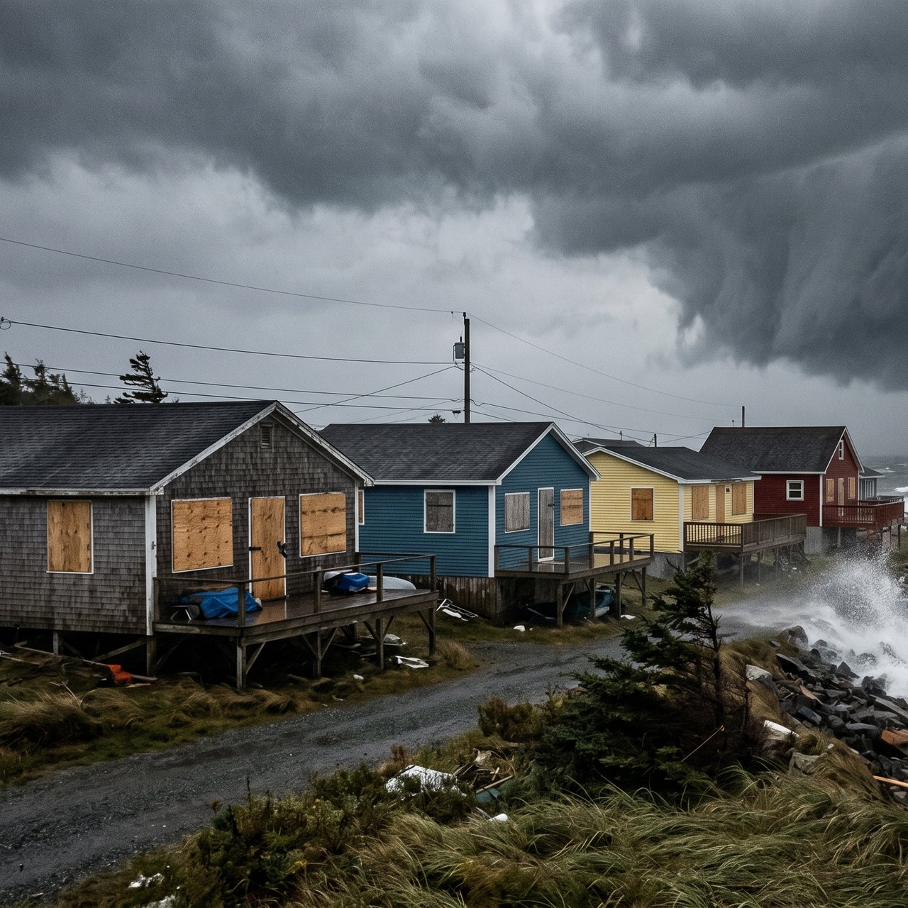 Severe coastal storm waves crashing against beachside homes, highlighting the need for climate resilience data.