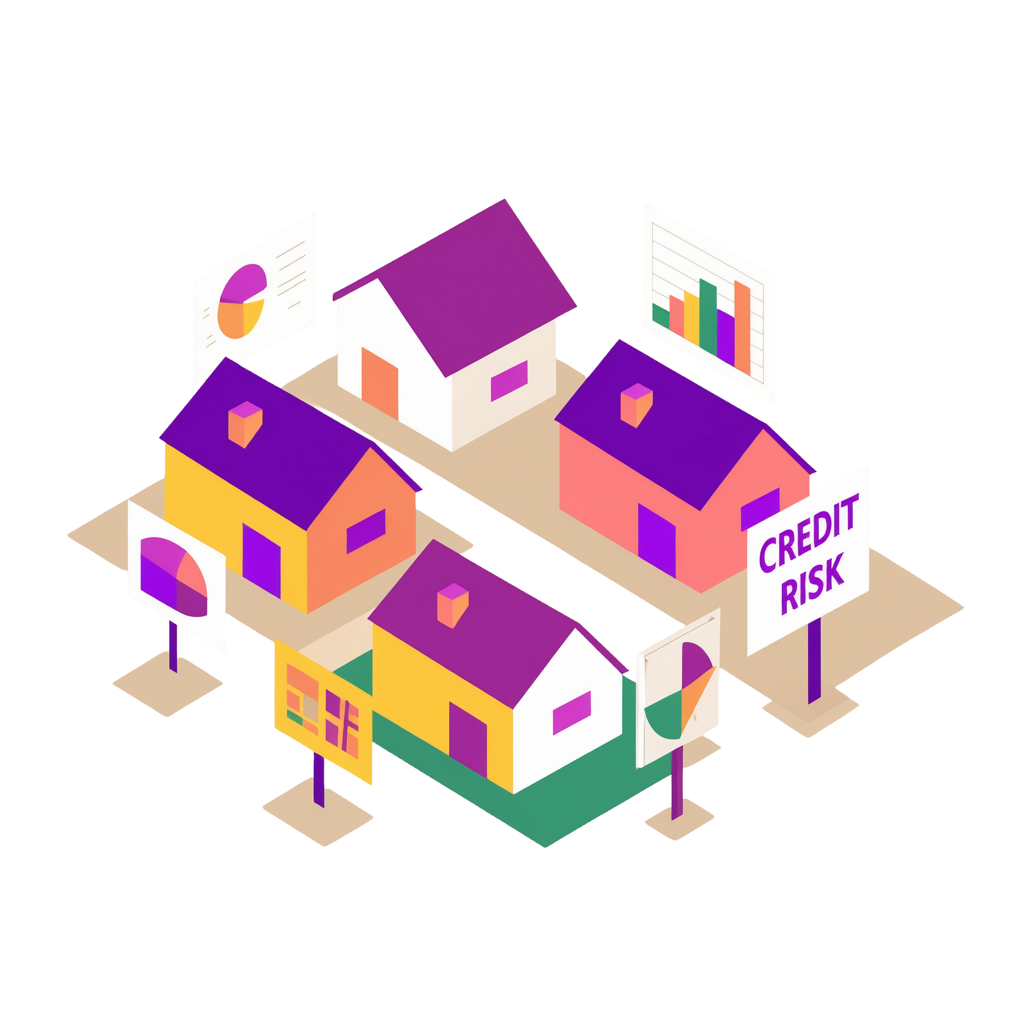 An illustration of a neighborhood with a sign that says credit risk in front of a house.
