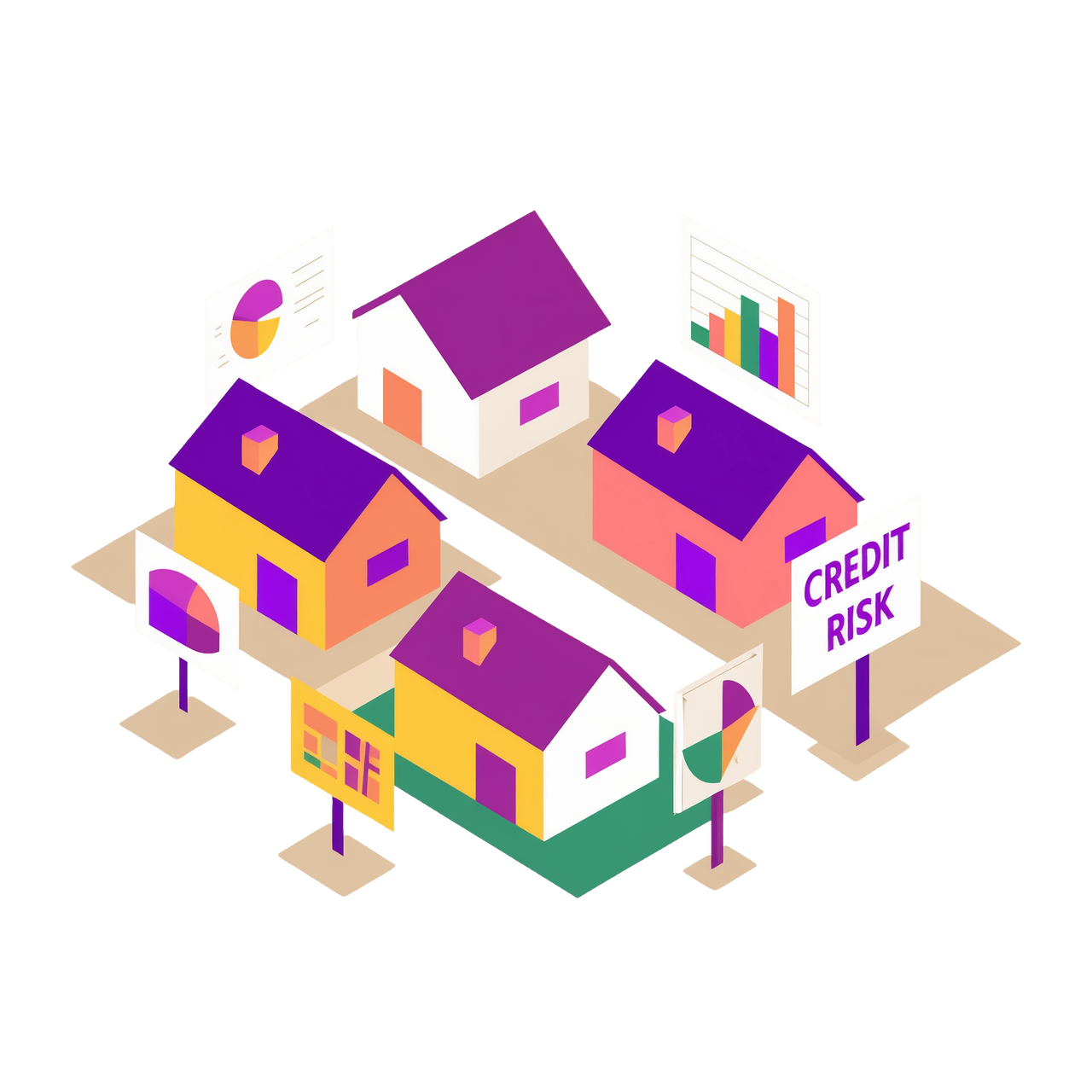 An illustration of a neighborhood with a sign that says credit risk in front of a house.