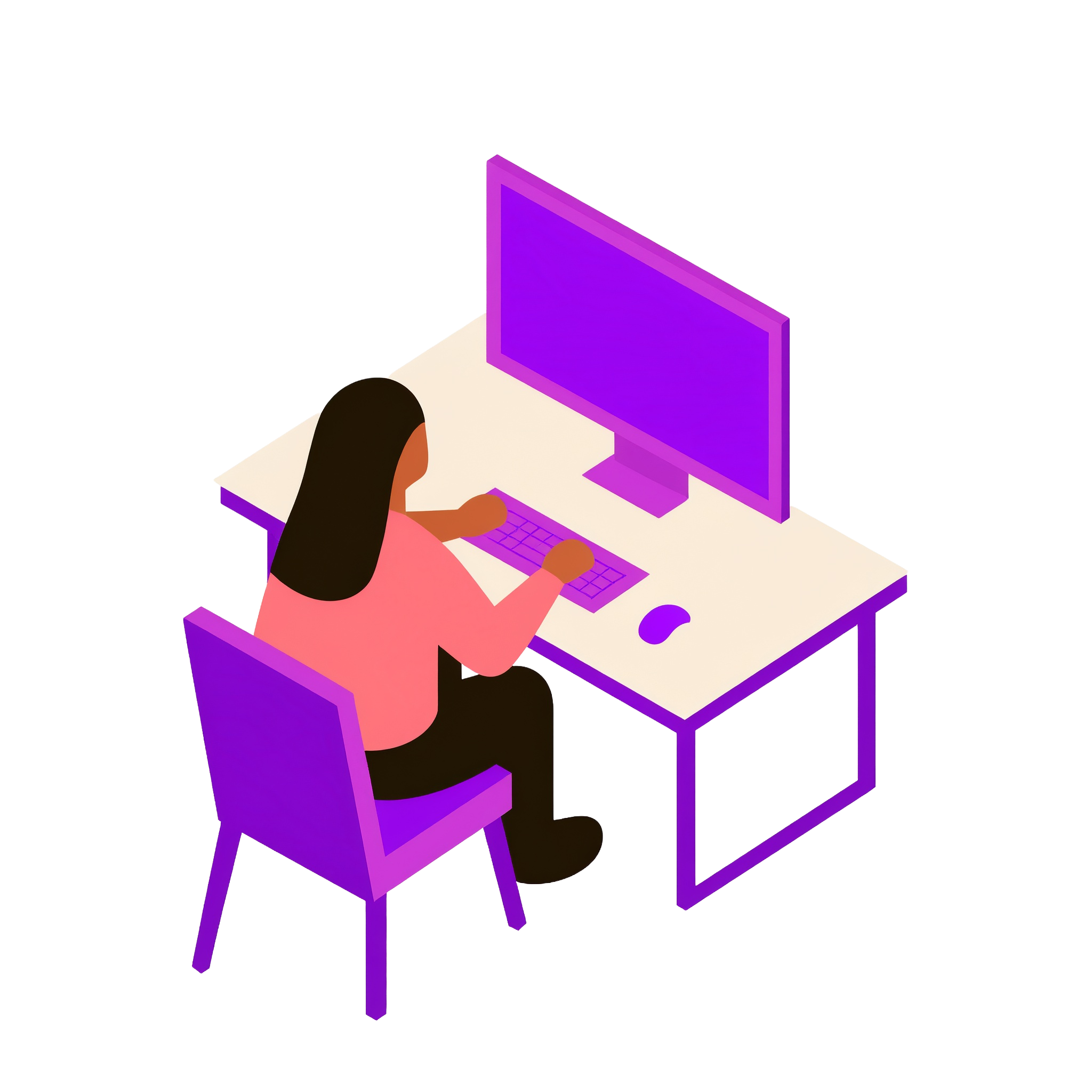 An illustration of a woman sitting at a desk browsing a computer.