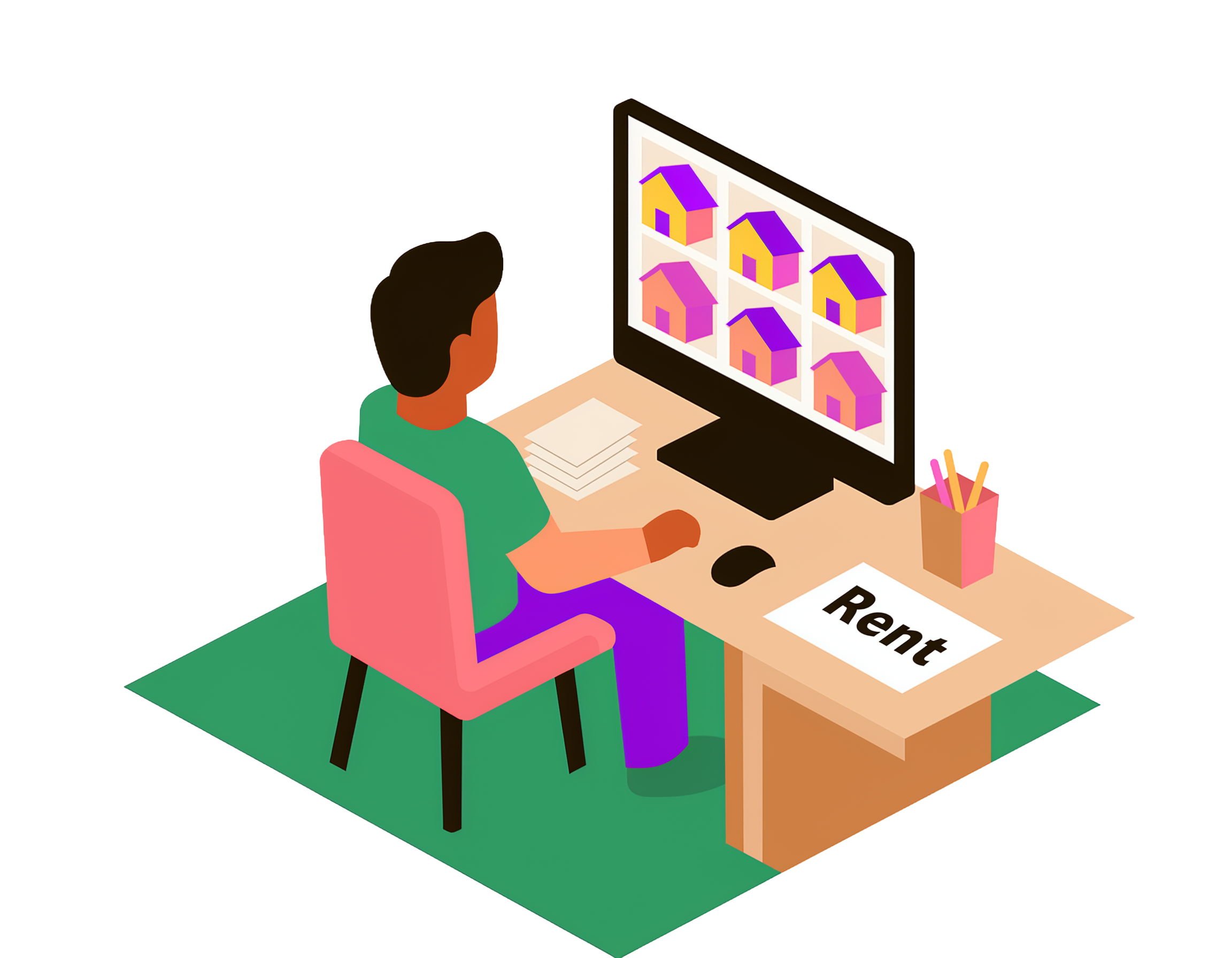 An illustration of a man looking at houses on a computer with the word "Rent" written on a sheet of paper on his desk.