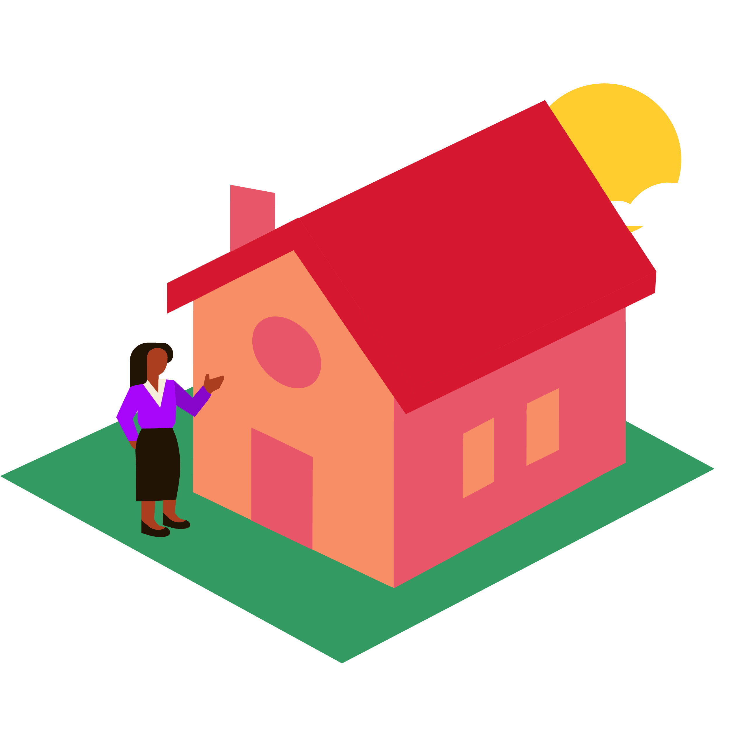 An illustration of a woman standing outside of a house with her arm raised