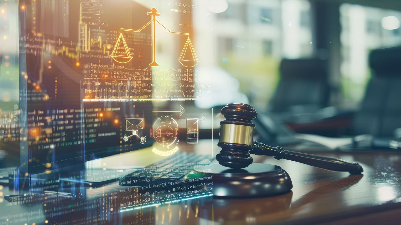 An illustration of the flow of data with a gavel in the background, signifying legal implications