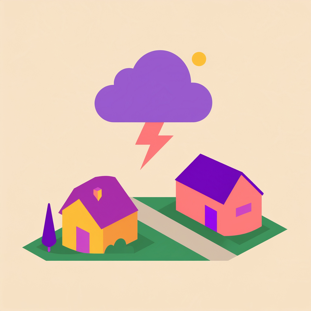 An illustration of two houses with a rain cloud and lightning above them showing climate risk.
