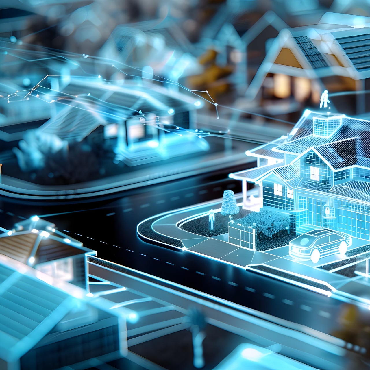 Digital visualization of network, telecom, internet, or more, in a residential neighborhood.
