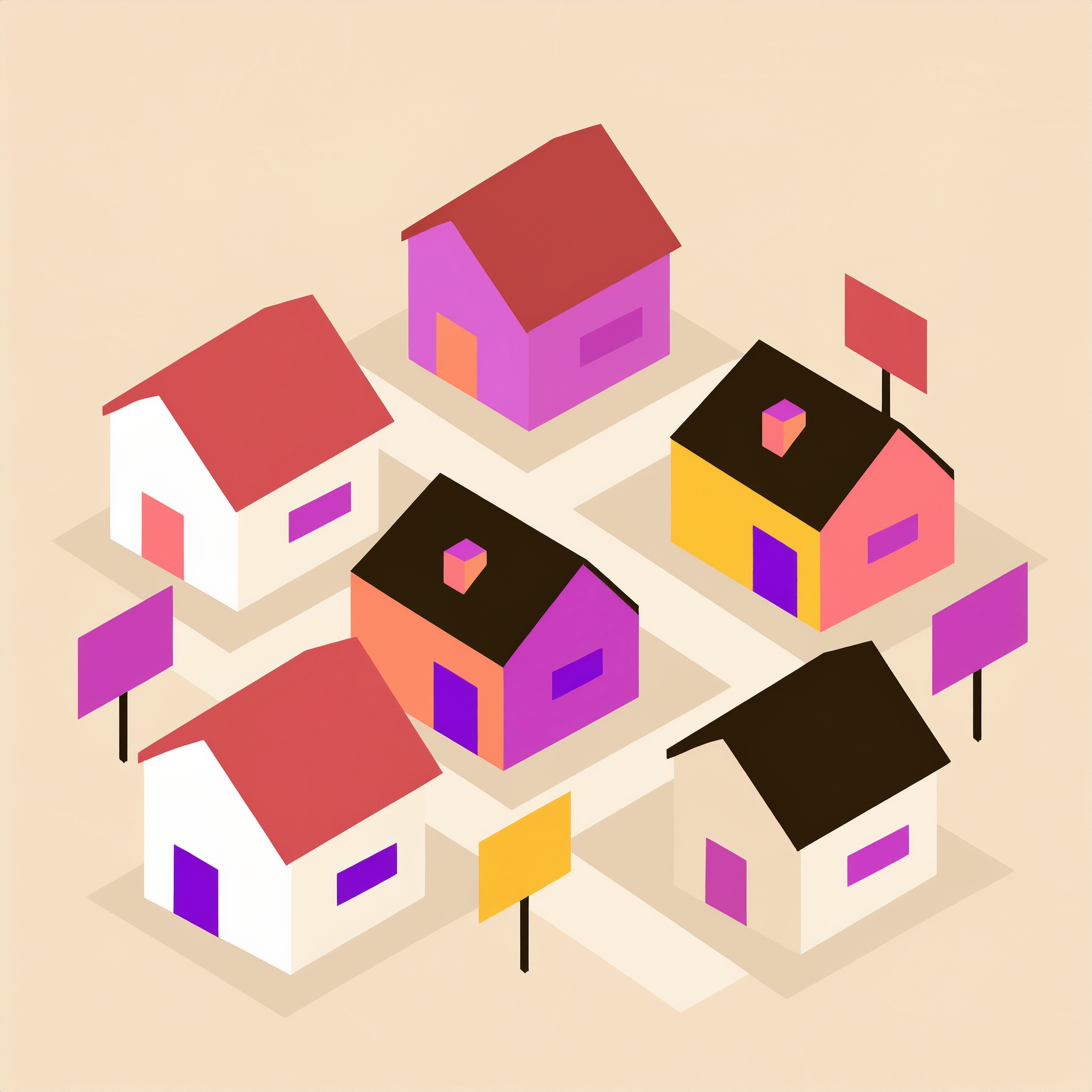 An illustration of a neighborhood with blank foreclosure signs in front of some houses indicating pre-foreclosure data.