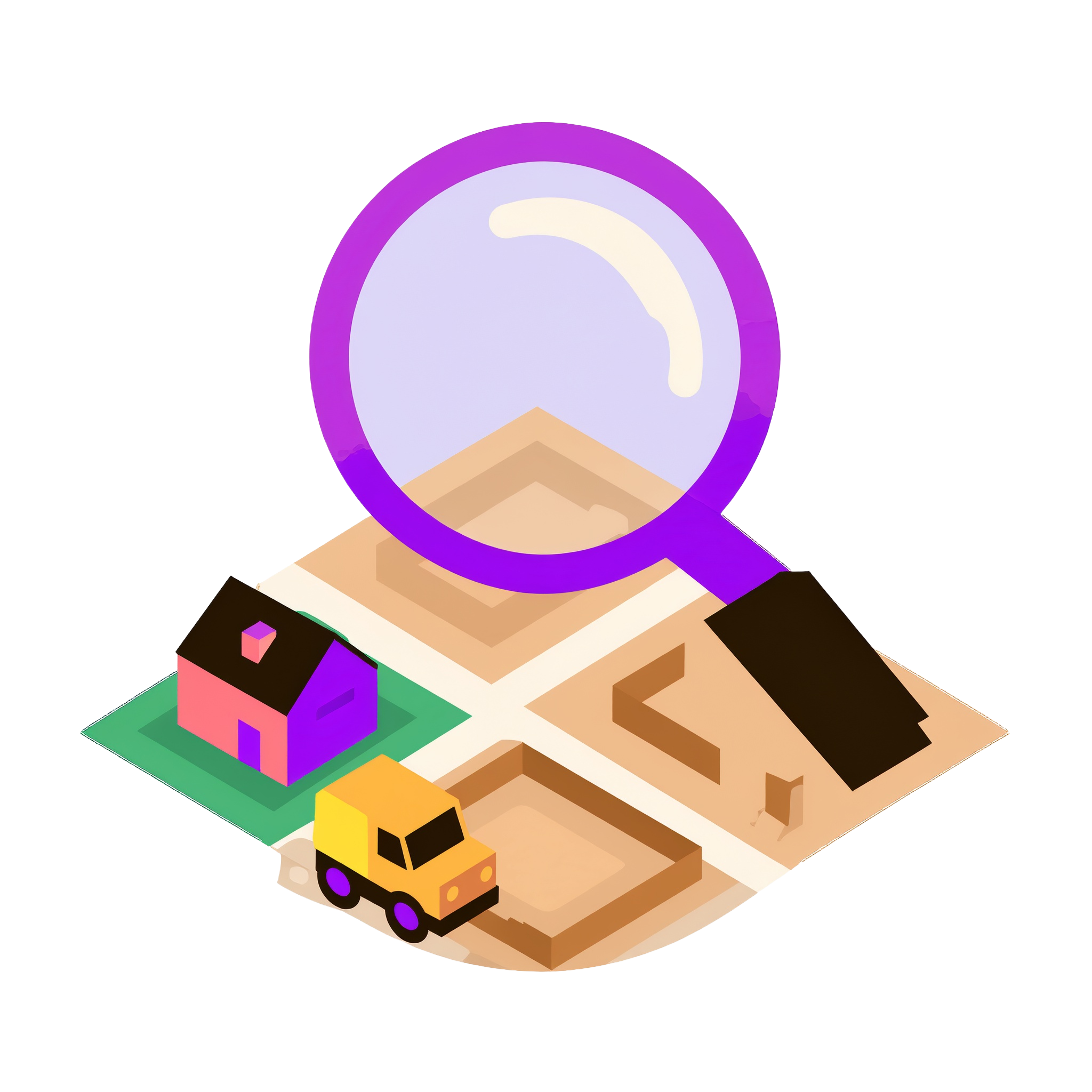 A large search icon over a development area with a large truck and empty lots.