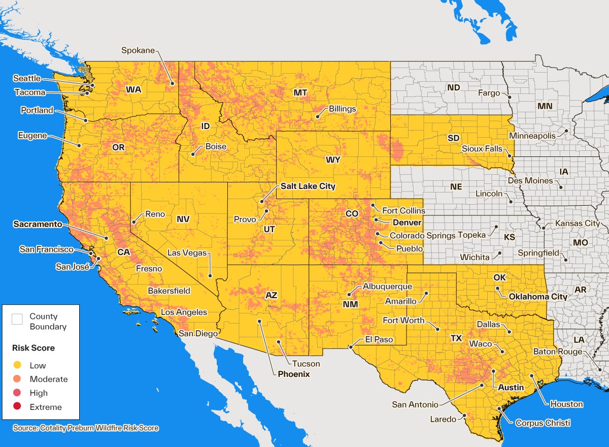 Map of residential properties and their wildfire risk score throughout the western United States