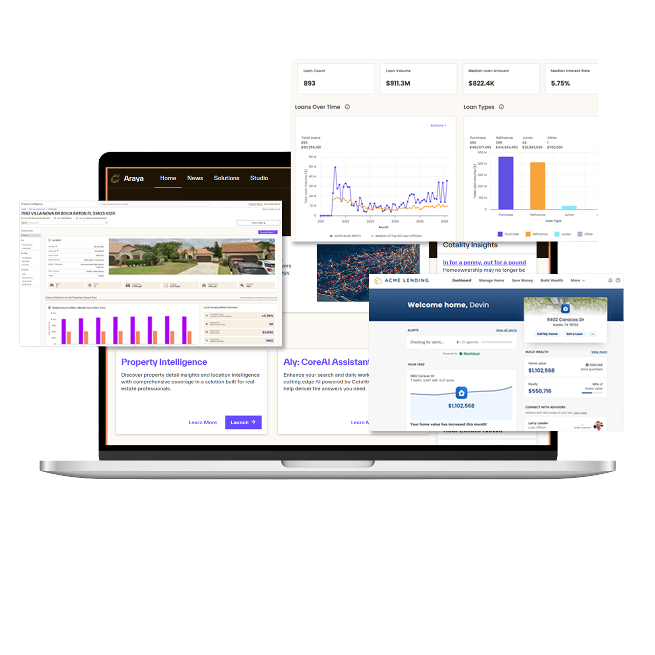 A screenshot of the Araya products dashboard with property data.