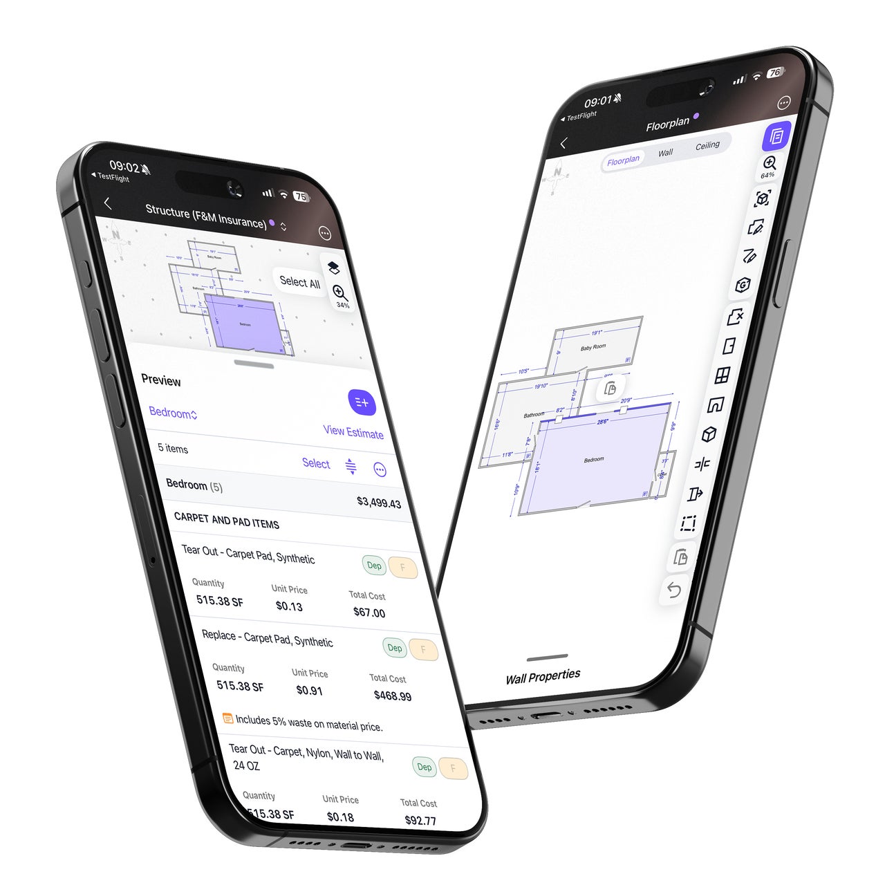 LiDAR room scanning and 3D floorplans shown on Estimate for iOS interface.