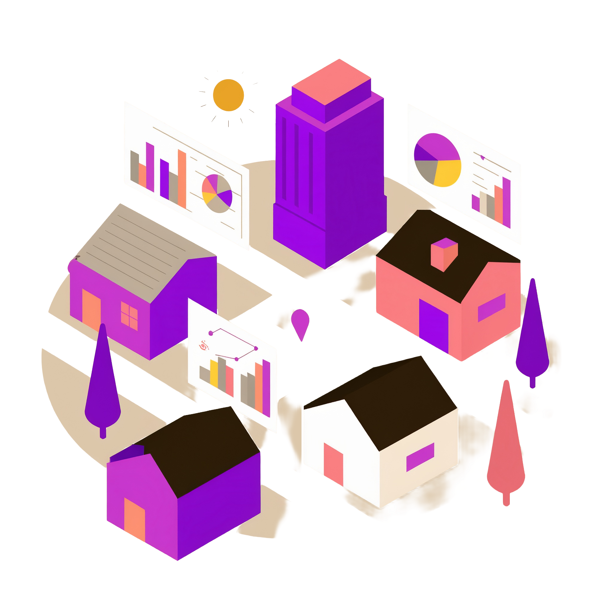 An illustration of a group of houses and one large building with charts and graphs around them showing building details.