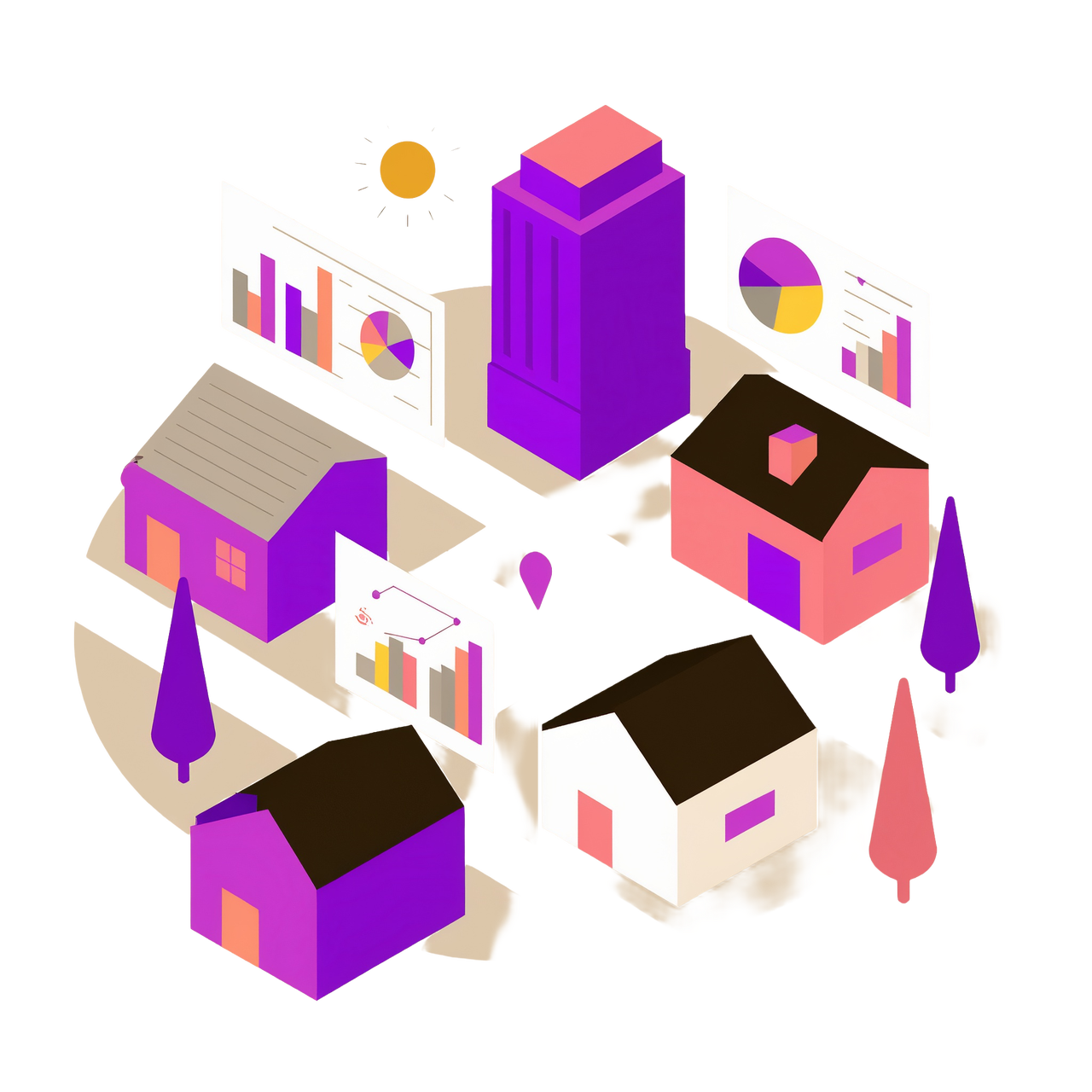 An illustration of a group of houses and one large building with charts and graphs around them showing building details.