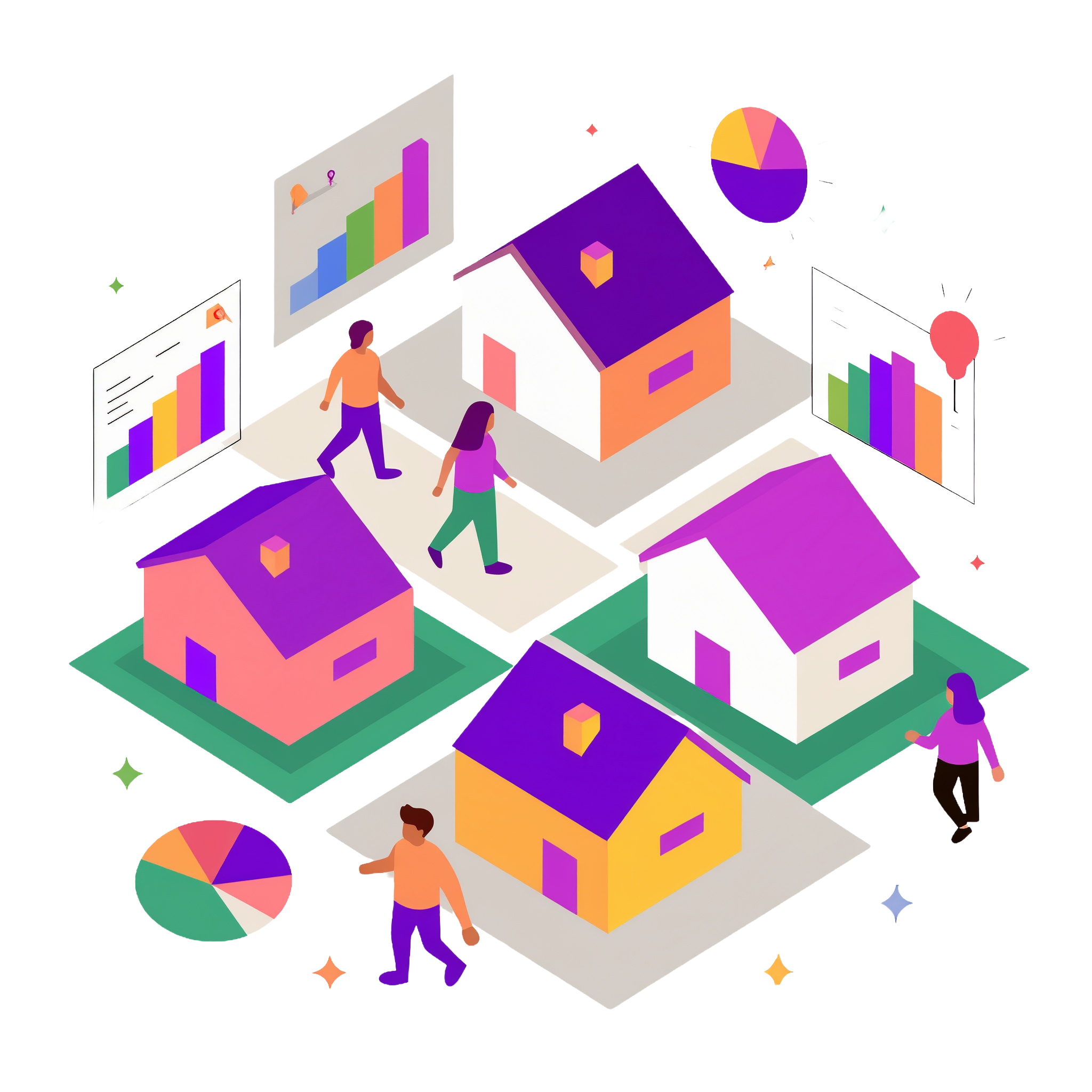 An illustration of neighborhood with people walking and houses having demographic data displayed on graphs.