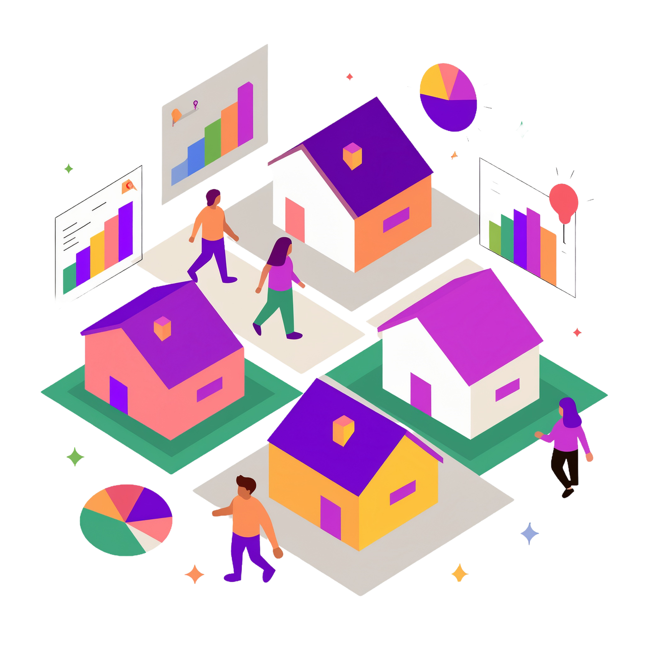 An illustration of neighborhood with people walking and houses having demographic data displayed on graphs.