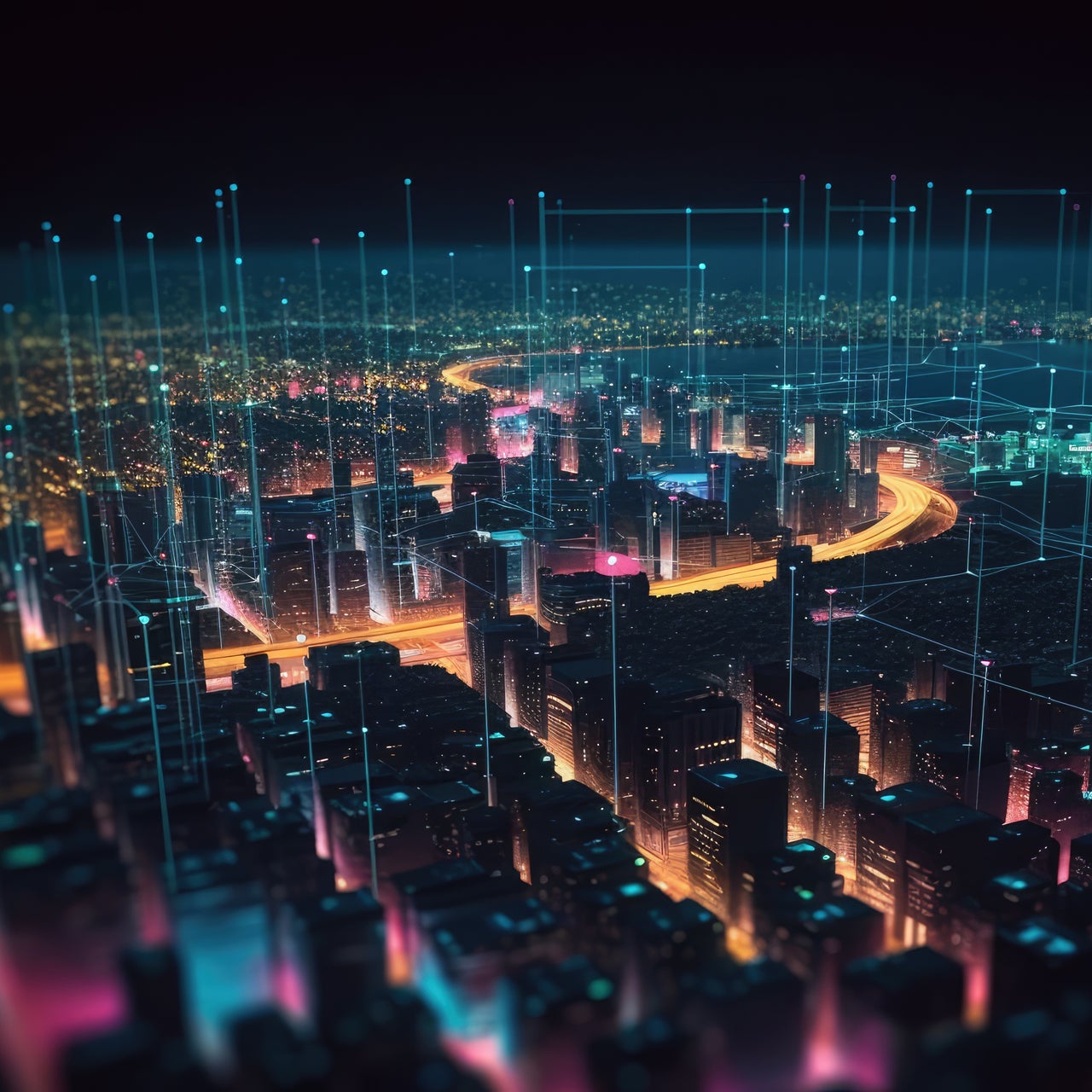 A three-dimensional digital visualization of electronic networks connecting innumerable high rise buildings in an urban set up. It appears like an aerial view.
