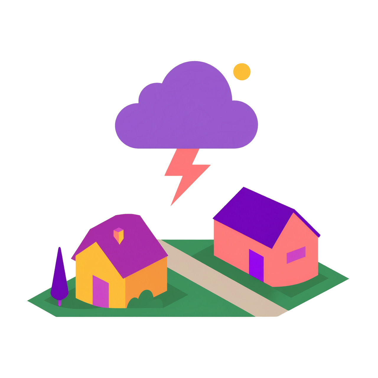 An illustration of two houses with a rain cloud and lightning above them showing climate risk.