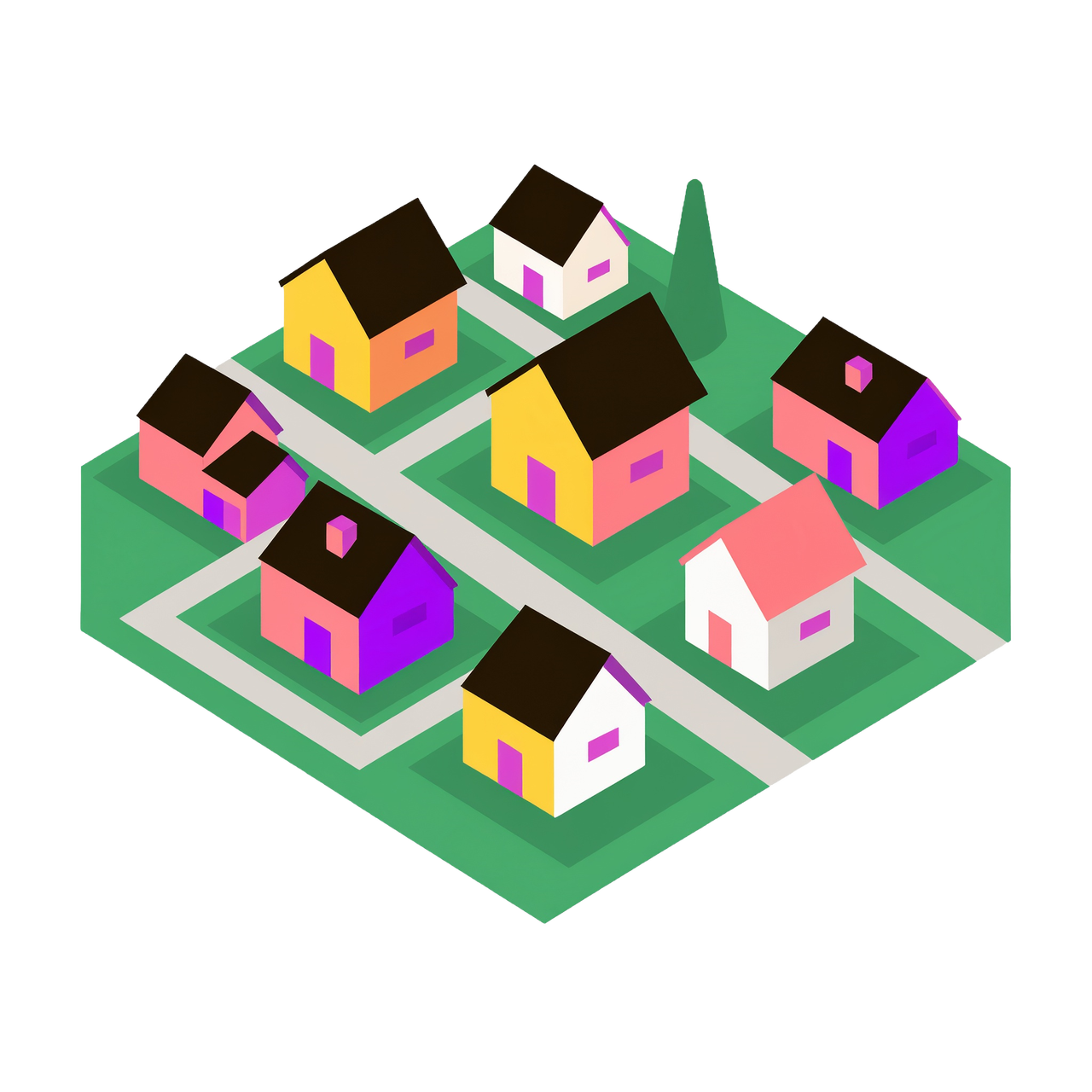 A large neighborhood with spatial lines drawn between houses.