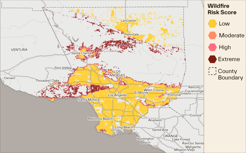 map of Cotality Wildfire Risk Score in Los Angeles, California 