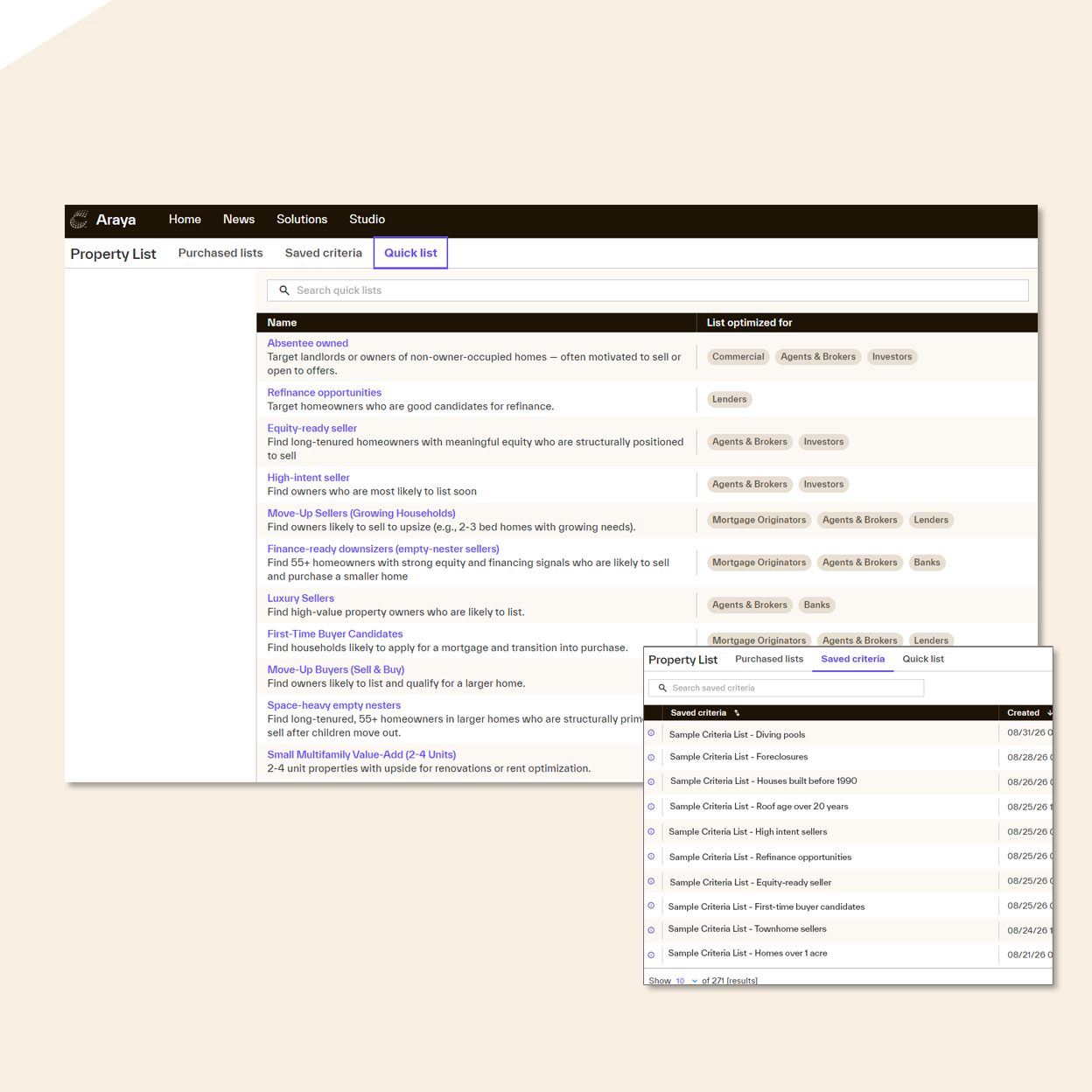 A screenshot of the Quick Lists feature of Property List.